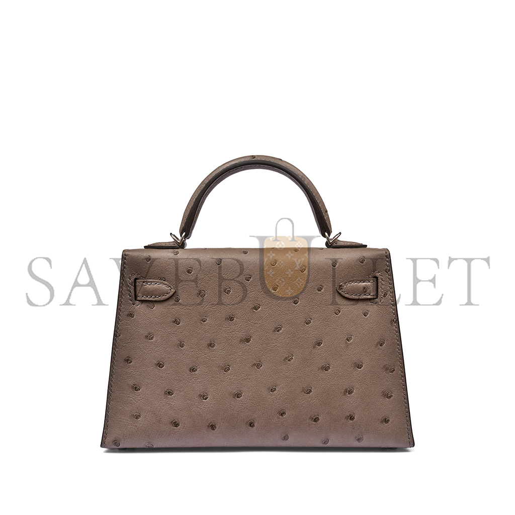 HERMÈS MASTER GRIS TOURTERELLE OSTRICH MINI KELLY II  PALLADIUM HARDWARE (19*12*5.5cm)